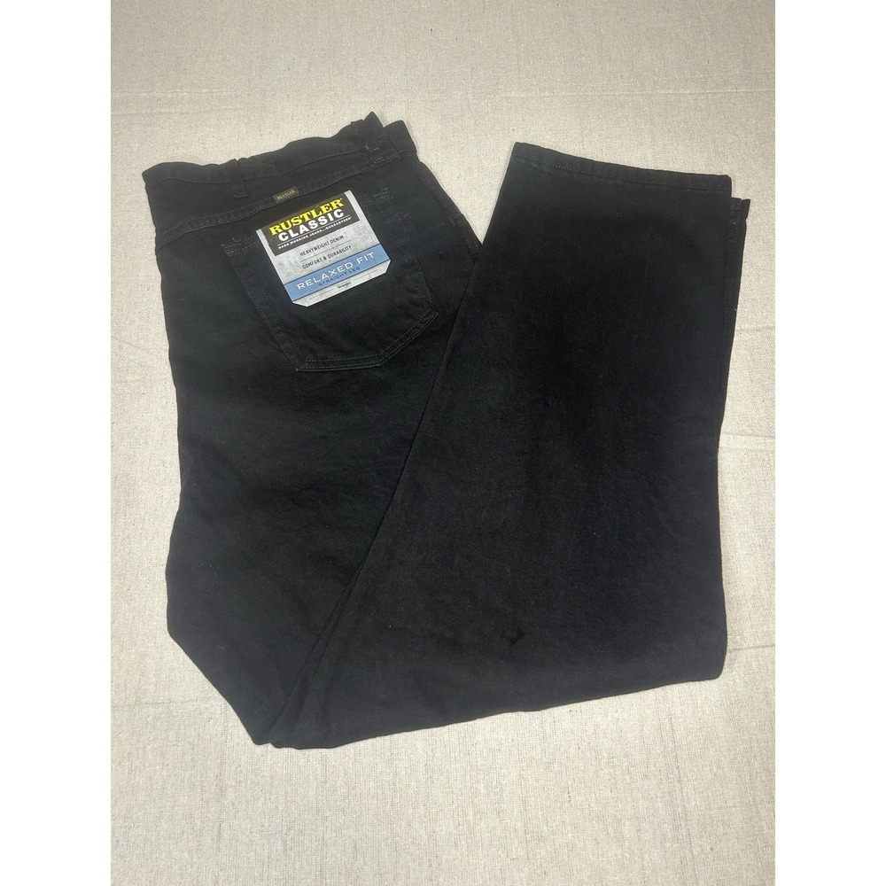 Rustler Mens Jeans Black Dark Wash Denim Relaxed Straight Leg 42x32 NEW